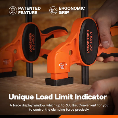 Jorgensen Bar Clamps For Woodworking, 12" 2-Pack One-Handed Clamps/Spreader with Load Limit Indicator, Quick Grip Bar Clamps E-Z Hold F Clamps Set with 300 lbs Load Limit, Medium Duty