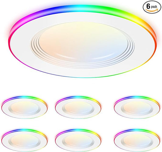CLOUDY BAY [6 Pack] 4 Inch Smart LED Recessed Ceiling Light with RGB Back Light,Hub Included,10W 2700K-6500K,2W Color Changing Ultra-Thin Recessed Lighting, Baffle Trim Wafer Downlight, Hub Included