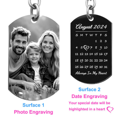 Queenberry Custom Photo Keychain for Husband Boyfriend Laser Engraved Personalized Calendar Date Text Picture Gift for Valentines Day Anniversary