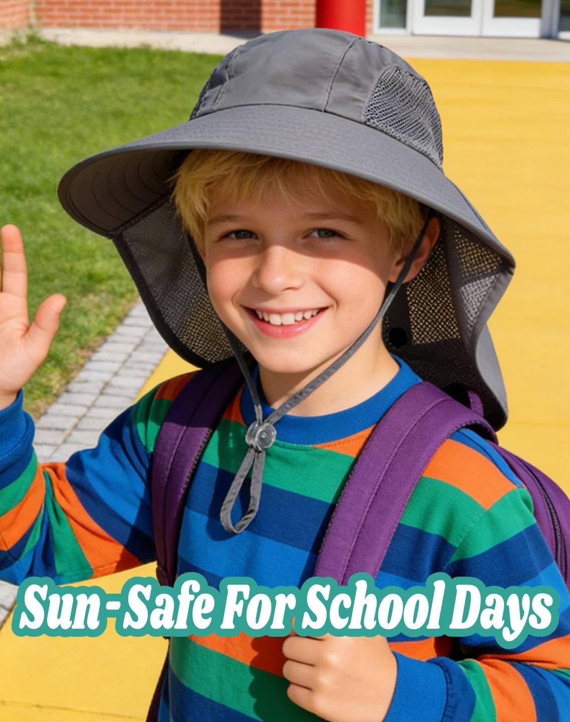 Rosoz Kids Sun Hat with Neck Flap UV Protection Summer Toddler Beach Hat Unisex Ponytail Hat Wide Brim Fishing Hat-Dark Grey