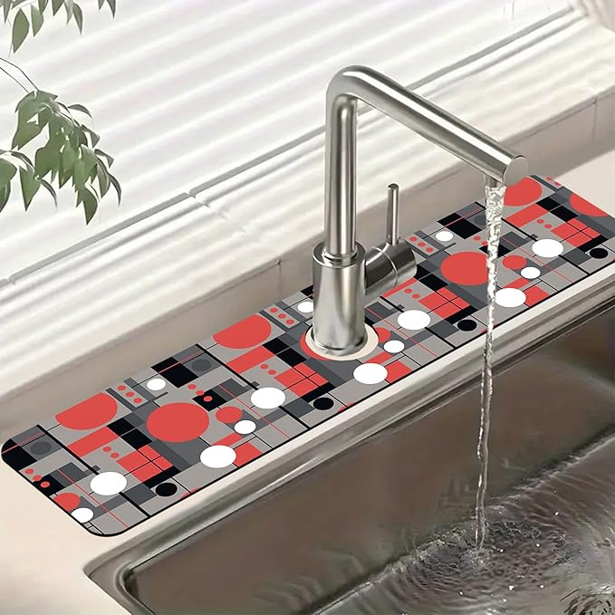 Abstract Geometric Sink Splash Guard Faucet Mat Vintage Tile Super Absorbent