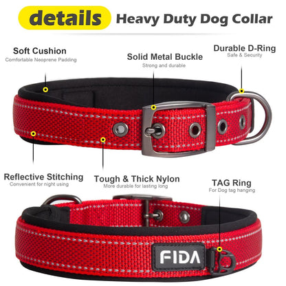 Fida Padded Dog Collar, Metal Belt Buckle Dog Collar with Double-Layer Webbing, Heavy Duty Collar for Medium Dogs, Red