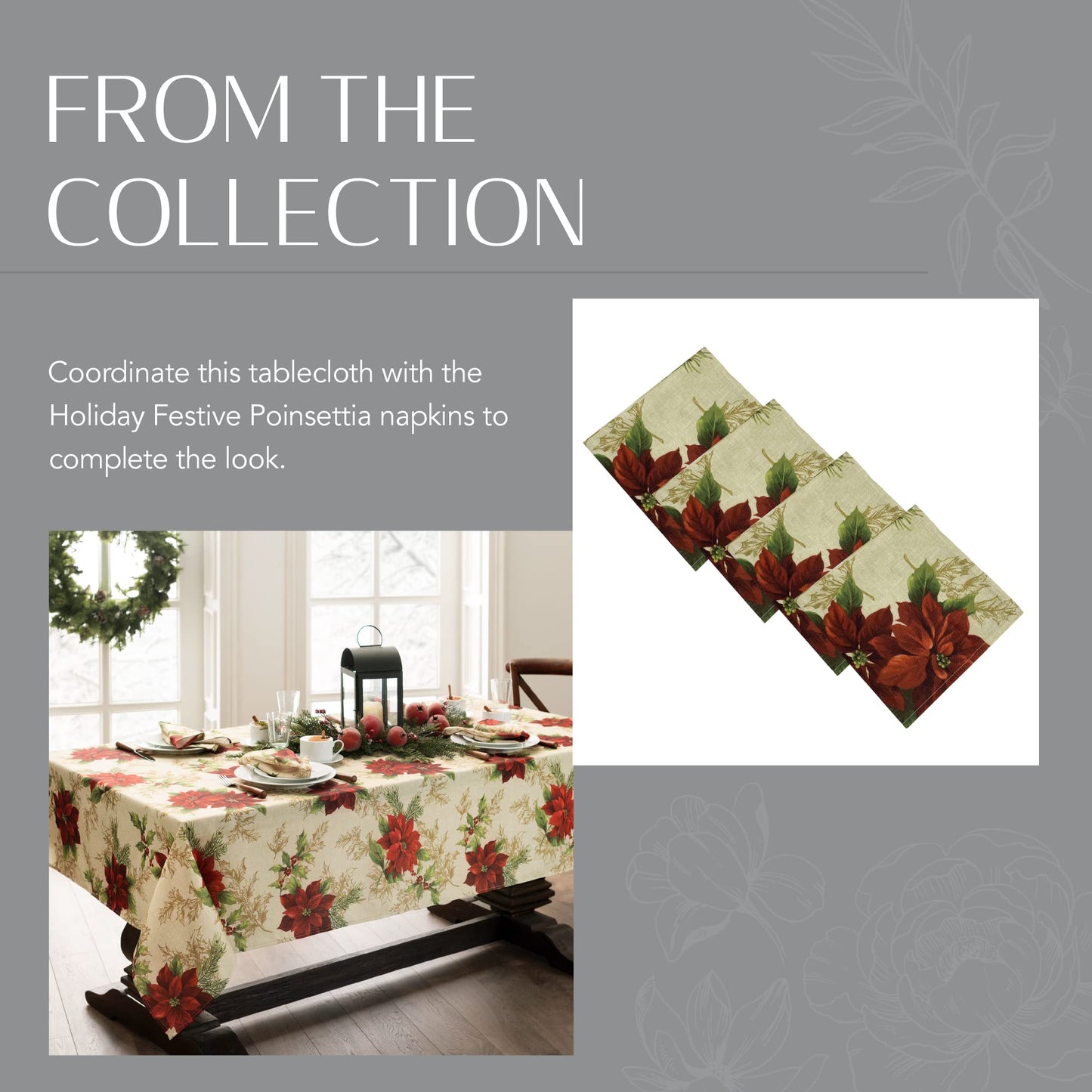 Elrene Home Fashions Festive Poinsettia Holiday Wrinkle Resistant Fabric Tablecloth, Multi, 60"x120" Rectangle
