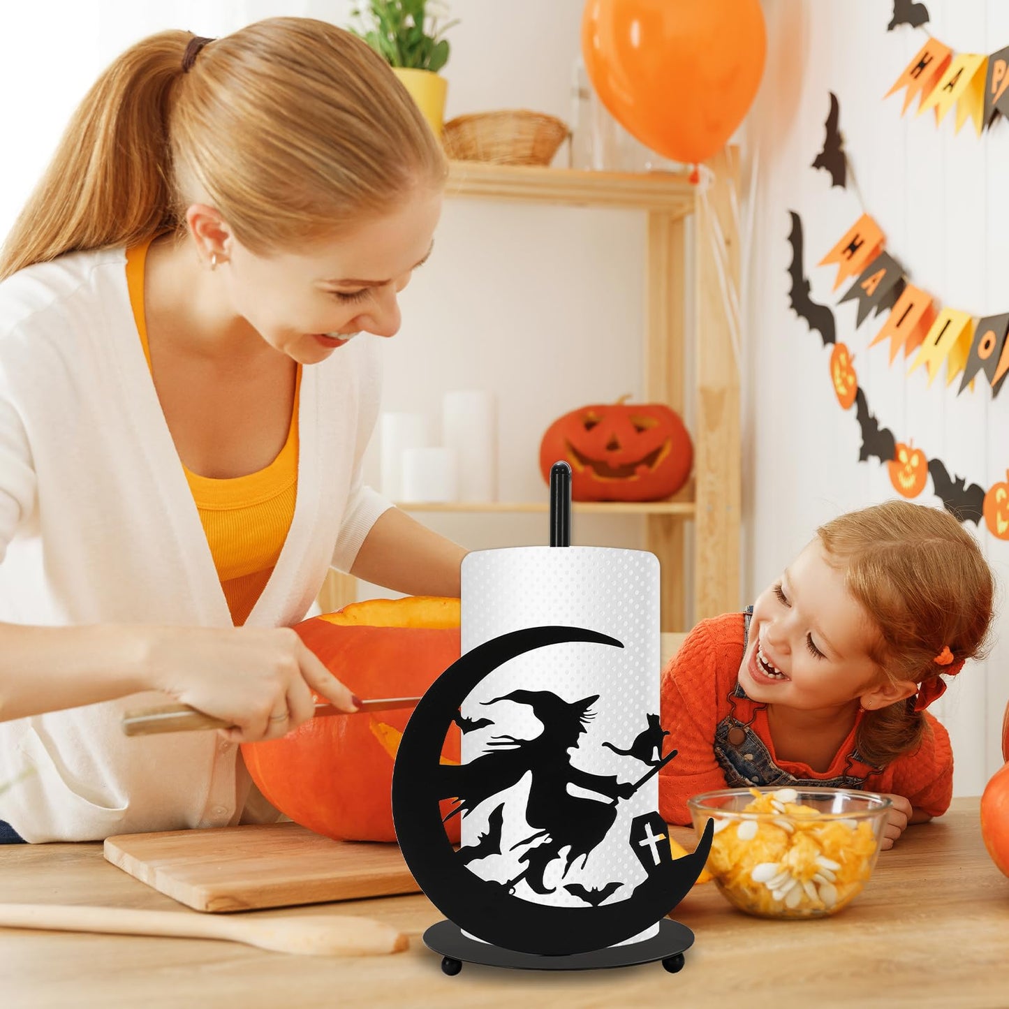 JarThenaAMCS Halloween Paper Towel Holder Black Witch Kitchen Decor Accessories for Home Bathroom, Large Metal Towel Holder Stand for Countertop