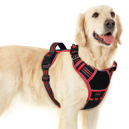 Eagloo Dog Harness for Large Dogs, Easy Wearing with 3 Buckles, Adjustable No Pull Pet Harness with 2 Rings for Walking, No Chock Reflective Soft Padded Vest with Control Handle, Black & Red, L