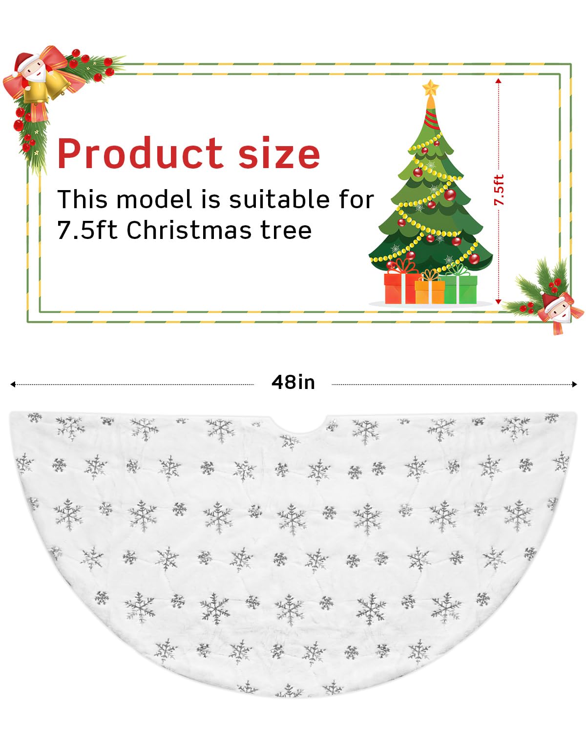 COOLWUFAN 48 Inches Faux Fur Christmas Tree Skirt for Xmas Tree Holiday Party Decorations White Plush Silver Sequin Snowflake (Silver)