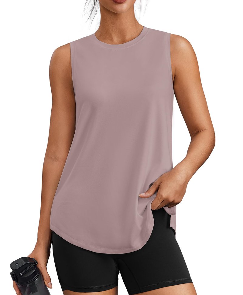 PINSPARK Workout Tank Top for Women Sleeveless Athletic Yoga Tops Crew Neck Quick Dry Running Tennis Shirt UPF 50+ Soft Sports Muscle Tank, Warm Ash Grey Large