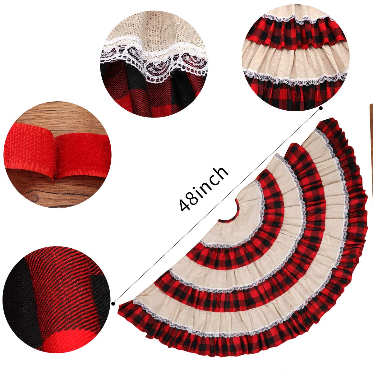 yuboo Burlap Buffalo Plaid Christmas Tree Skirt 48 inches, Red Farmhouse 6-Layer Ruffle Tree Skit with Lace Border for 5-7 FT Trees, Fall Thanksgiving Christmas Decorations
