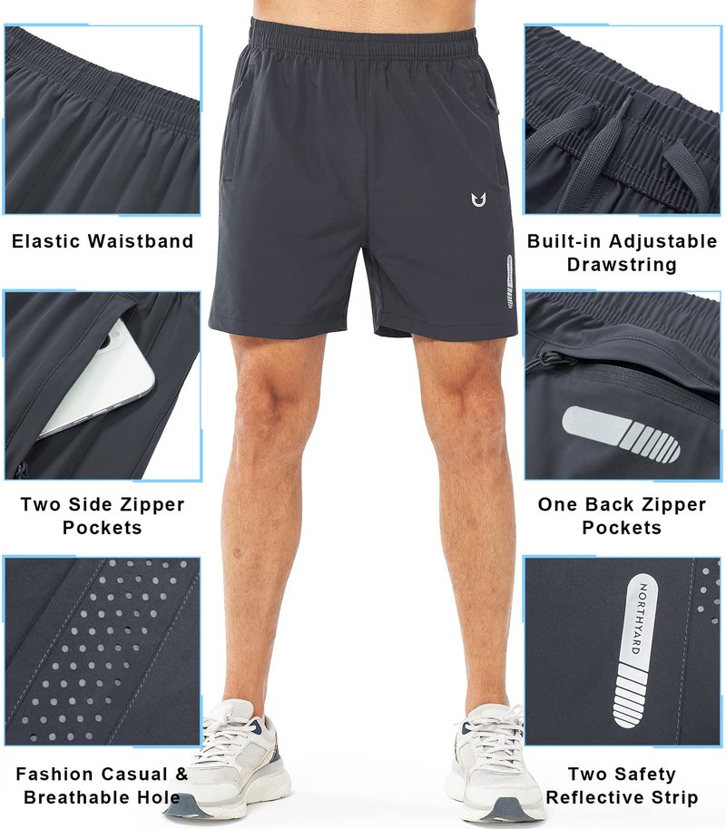 NORTHYARD Men's Athletic Running Shorts Gym Workout 7"/9"/5" Quick Dry Lightweight Sports Basketball Tennis 3 Zipper Pockets DARKGREY-5inch S