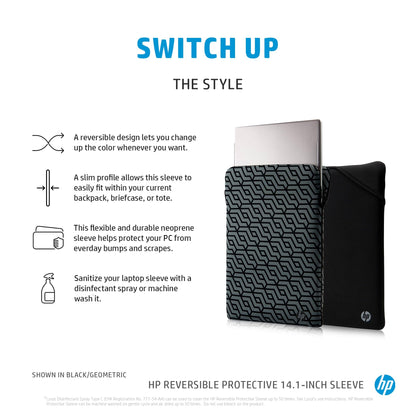 HP 14.1 Inch Black & Silver Protective Reversible Laptop Notebook Sleeve Case, Slim, Prevent Scratching, Zip-Free, Compatible With laptops Up To 14.1 Inch Including MacBook, HP Pavilion, Chromebook