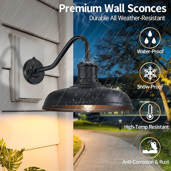 13.8'' Diameter Large Dusk to Dawn Outdoor Gooseneck Barn Light 2 Packs, Outdoor Wall Sconce Farmhouse Exterior Light Wall Lighting Fixture Industrial Outside Lantern for Porch, Patio, Garage, Black
