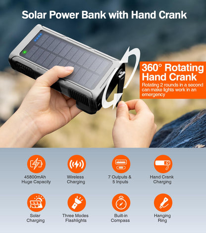 GOODaaa Power Bank Wireless Charger 45800mAh Built in Hand Crank and 4 Cables 15W Fast Charging Power Bank 7 Outputs & 4 Inputs Solar Portable Charger, SOS/Strobe/Strong Flashlights, Compass
