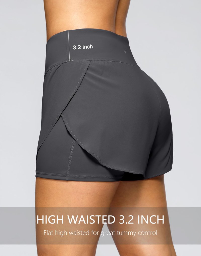 Soothfeel Women's 2 in 1 Running Shorts - High Waisted Lightweight Athletic Workout Gym Yoga Shorts Spandex Liner with Pockets Dark_Grey M
