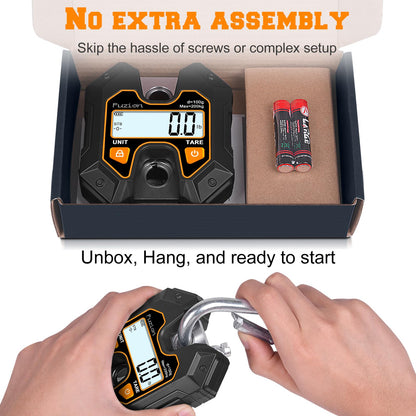 Fuzion Mini Crane Scale - Hanging Scale 440lb/200kg/1960N, Deer Scale with Large LCD Display, Hold & Tare Functions for Hunting, Farms, Fishing, No Setup Required