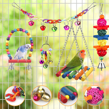 Bird Toys for Conures with Colorful Ladder Hammock Cage Accerious Bird Perch Stand Chewing Toys Hanging Bell Parrot Parakeet Cockatiel Lovebirds