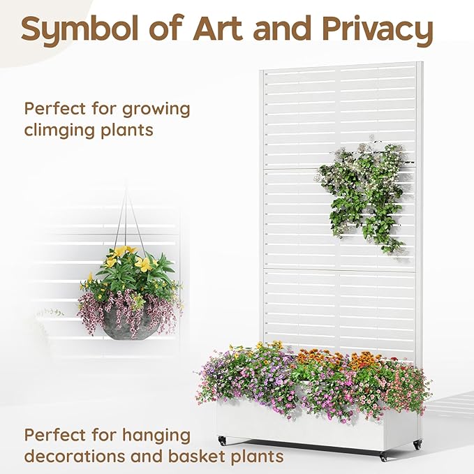 Metal Raised Garden Bed with Trellis & Wheels,72" x 35"x 15.7" Planter Box with Trellis,Privacy Planters for Patio,Garden Bed for Climbing Plants,Suitable for Climbing Plants and Vegetables,White