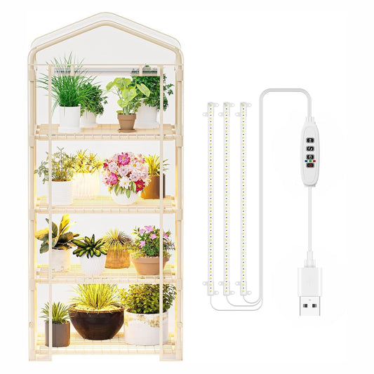 SPECILITE Indoor Greenhouse with Grow Lights - Adjustable 4 Tiers 27.6"L×19.3"W×61.4"H Mini Greenhouse with Zip PVC Cover and 45W Plant Light, Portable Green House with Timer for Winter &Indoor Plants