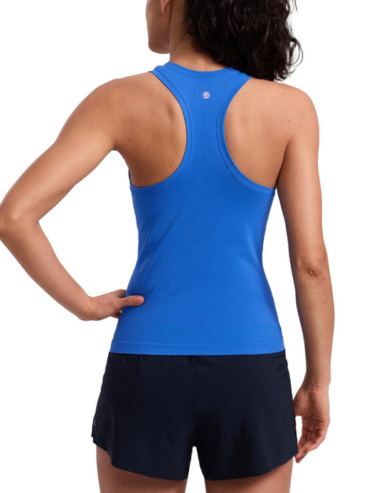 CRZ YOGA Seamless Womens Breathable Workout Tank Tops Racerback High Neck Sleeveless Running Athletic Shirts Sparkle Blue Small