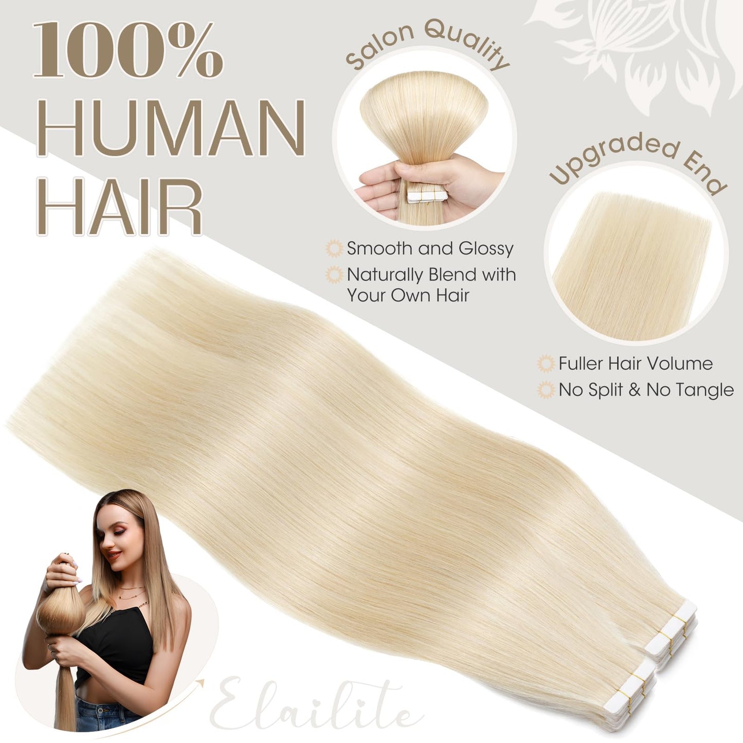 Elailite Tape in Hair Extensions Human Hair 40 pcs 100g Full Head - Seamless Invisible Skin Weft Real Remy Hair Straight (#60 Platinum Blonde, 16 Inch)