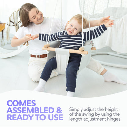 CaTeam - Canvas Baby Swing, Wooden Hanging Swing Seat Chair with Safety Belt, Durable Baby Swing Chair, Outdoor and Indoor Swing for Kids, Mounting Hardware Included, Gray