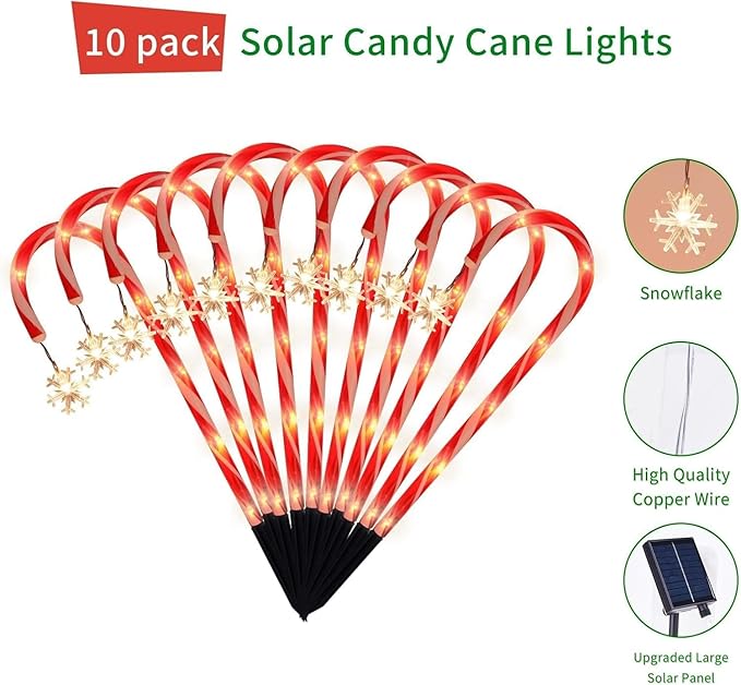 Solar Christmas Lights Outdoor Decorations, 10 Pack Solar Christmas Candy Cane Lights with Snowflake, Outdoor Waterproof Christmas Pathway Lights for Patio, Garden, Yard, Street, Park, Holiday