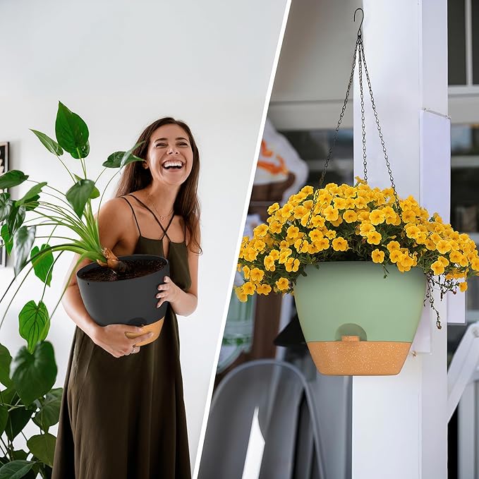 ZMTECH 12 Inch Hanging Planters for Indoor Outdoor Plants, 1 Pack Self Watering Hanging Plant Pots with Drainage Holes and Removable Saucer, Plastic Flower Hanging Pots with Watering Lip (White)