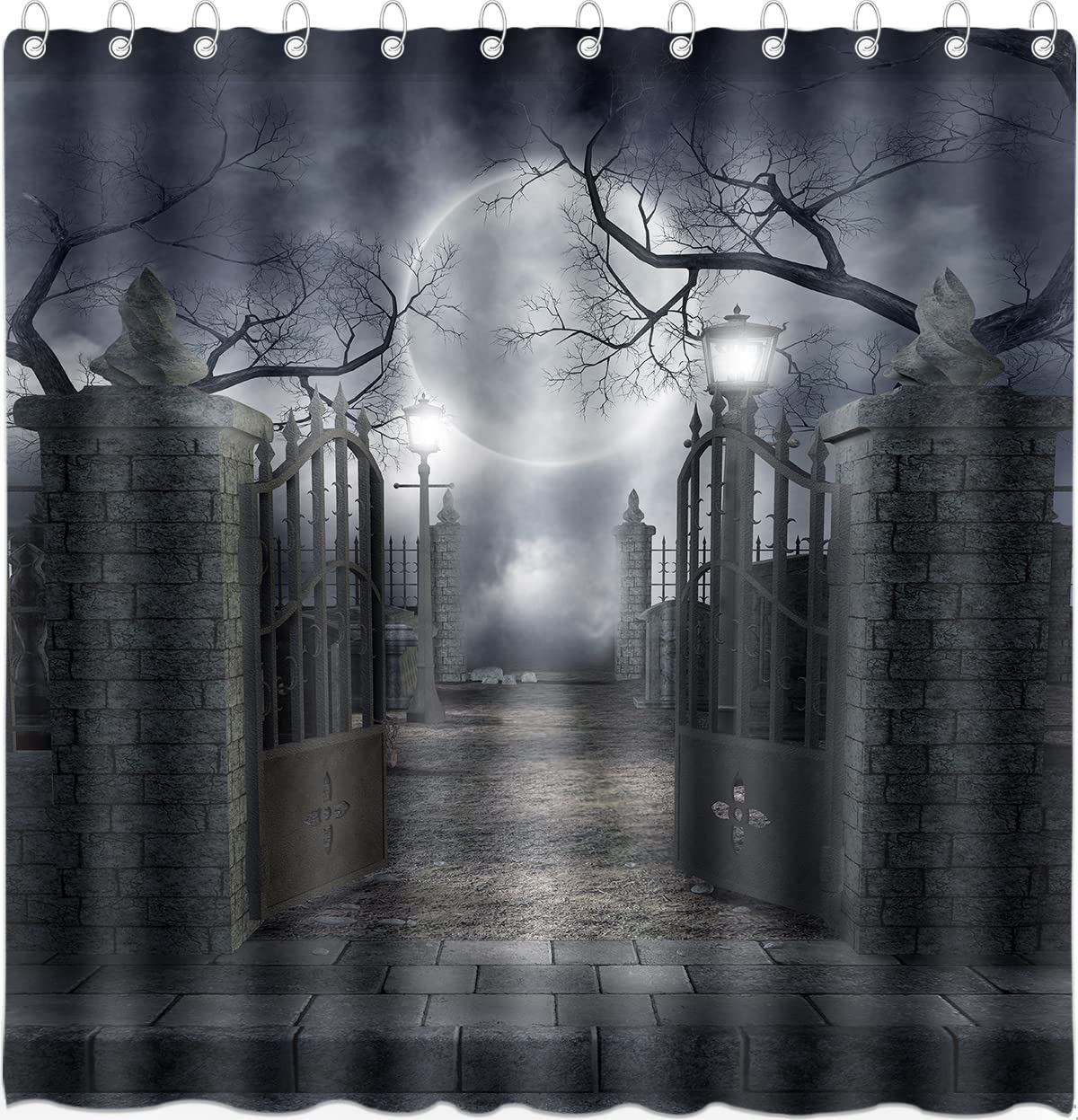 DePhoto Halloween Shower Curtain for Bathroom Scary Night Courtyard Door Spooky Moon Horrifying Dead Tree Street lamp Poliester Water Proof Fabric Decoration with 12Hooks 72x72inch