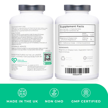 Magnesium Glycinate (Bisglycinate), 2 Month Supply - 240 Capsules, 2750mg (303mg Magnesium), Chelated Magnesium Supplements, Highly Bioavailable, Made in UK - GMP Certified - Love Life Supplements