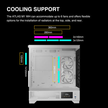 GAMDIAS White Mid Tower Gaming Computer Case w/Display& App, ATX Tempered Glass PC Case, Built-in 3x120mm ARGB PWM Fans, Up to RTX GPU/VGA 410mm & 360mm AIO/Radiator & 6x120mm Fans & 160mm CPU Cooler