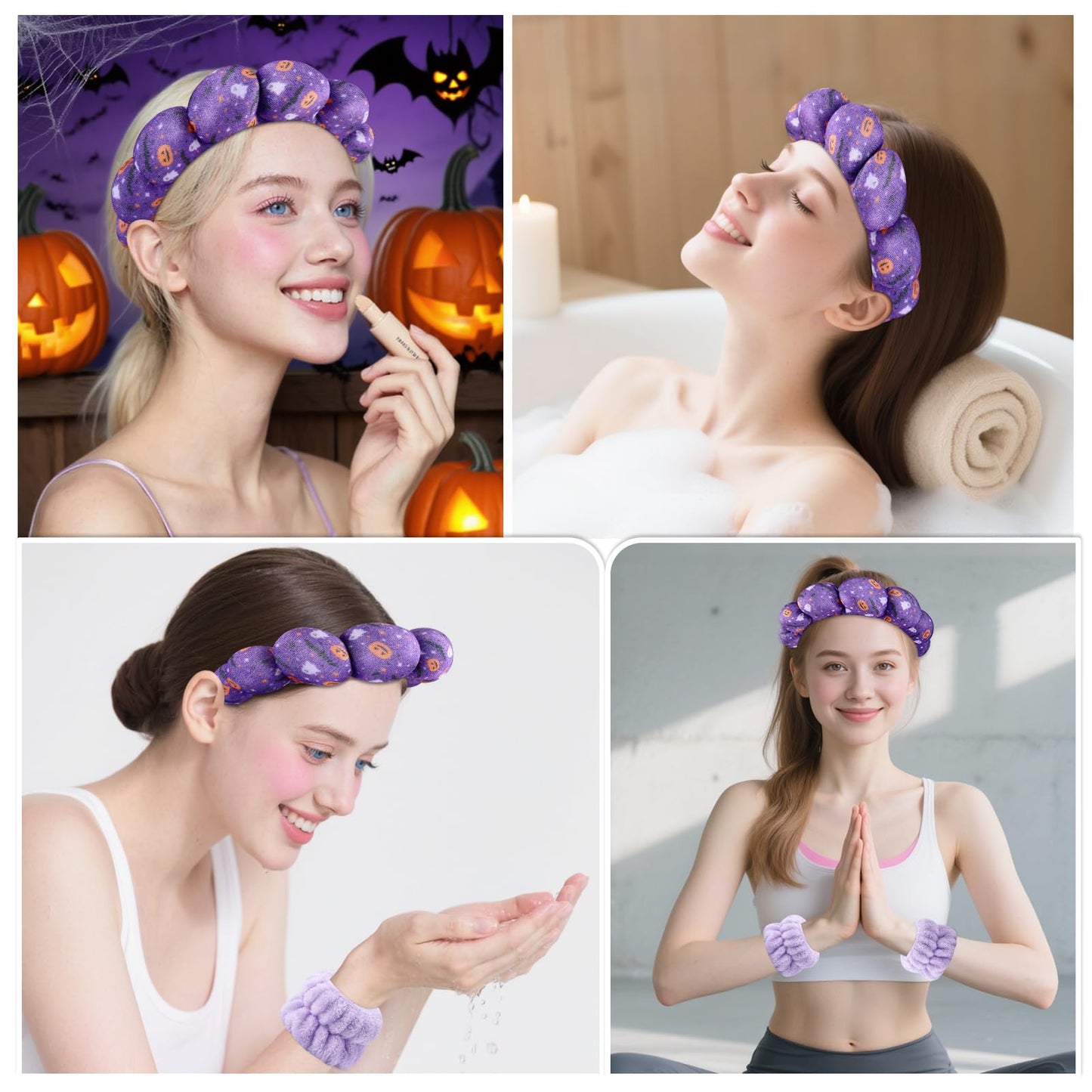 Zkptops Spa Headband for Washing Face Wristband Set Sponge Makeup Skincare Velvet Fabric Bubble Get Ready Hairband Puffy Headwear Non Slip Thick Thin Hair Accessory Gift for Women Girls(Halloween)