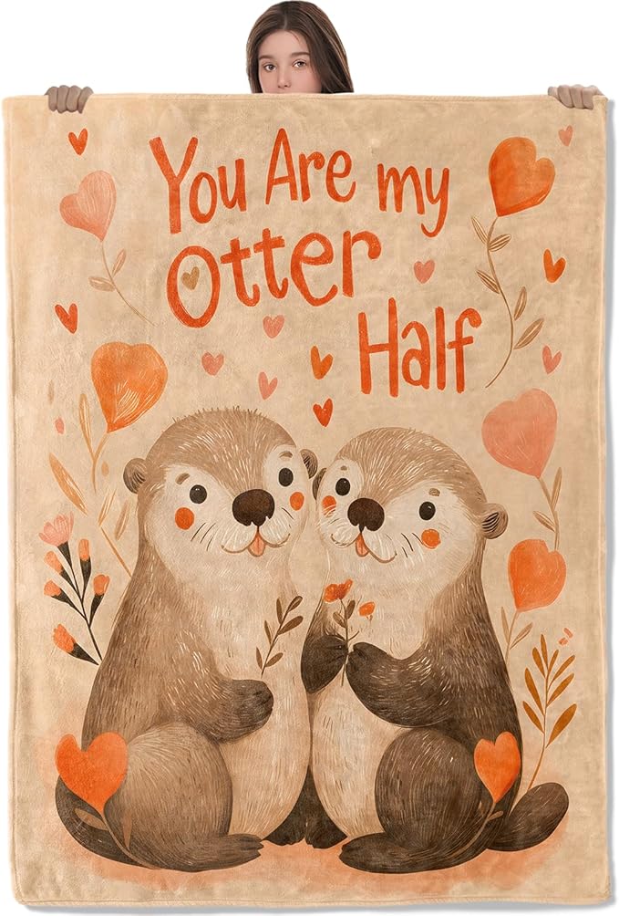 Cute Otter Lightweight Throw Blanket, Romantic Cartoon Animal with Heart and Flower, Warm Soft Cozy Flannel Blankets, Couch Dorm Home Decor All Season Use, 50x40in, Beige, Gifts for Lovers