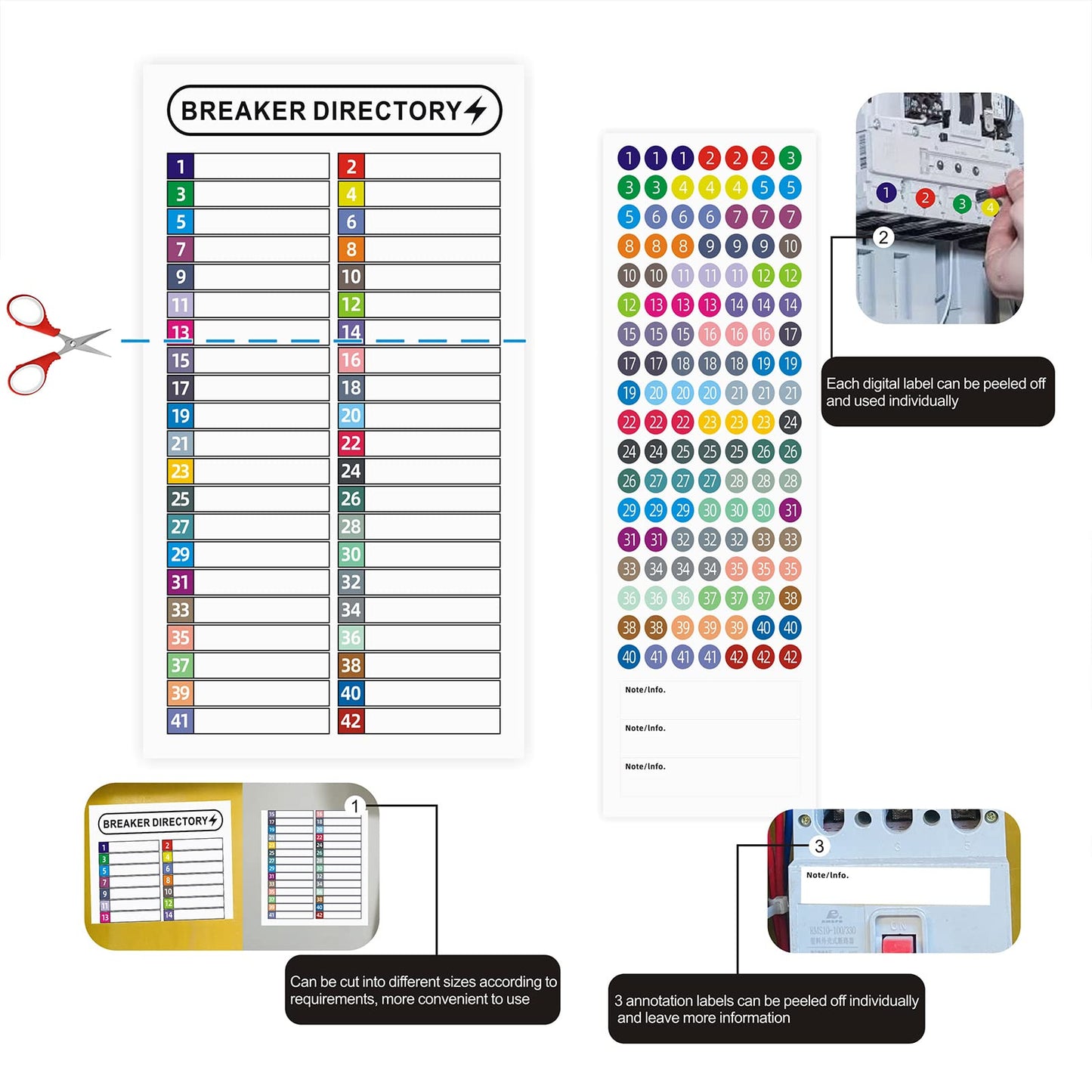 16 Sheets Breaker Panel Labels Electrical Box Sticker Numbers Breaker Panel Labels Electrical Sticker Number Catalog Load Center Adhesive Waterproof Reusable（Mix Colors）