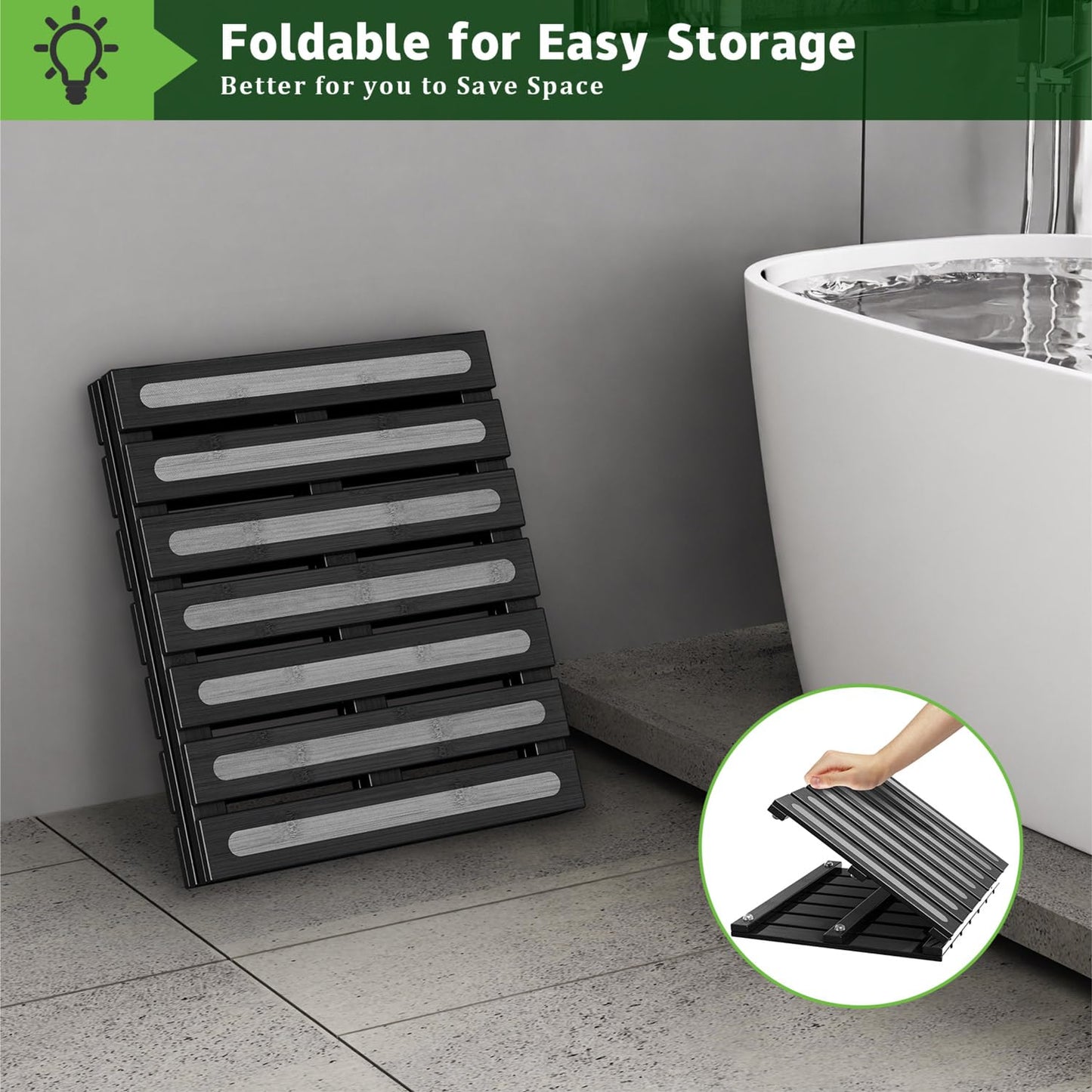 Bamboo Bath Mat for Shower, Dual Anti-Slip for Surface & Bottom, Waterproof Foldable Shower Mat, Easy to Carry and Storage, Perfect for Indoor Outdoor （Black, 26.77×16.14×1.14 Inches）