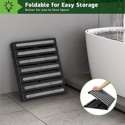 Bamboo Bath Mat for Shower, Dual Anti-Slip for Surface & Bottom, Waterproof Foldable Shower Mat, Easy to Carry and Storage, Perfect for Indoor Outdoor （Black, 26.77×16.14×1.14 Inches）