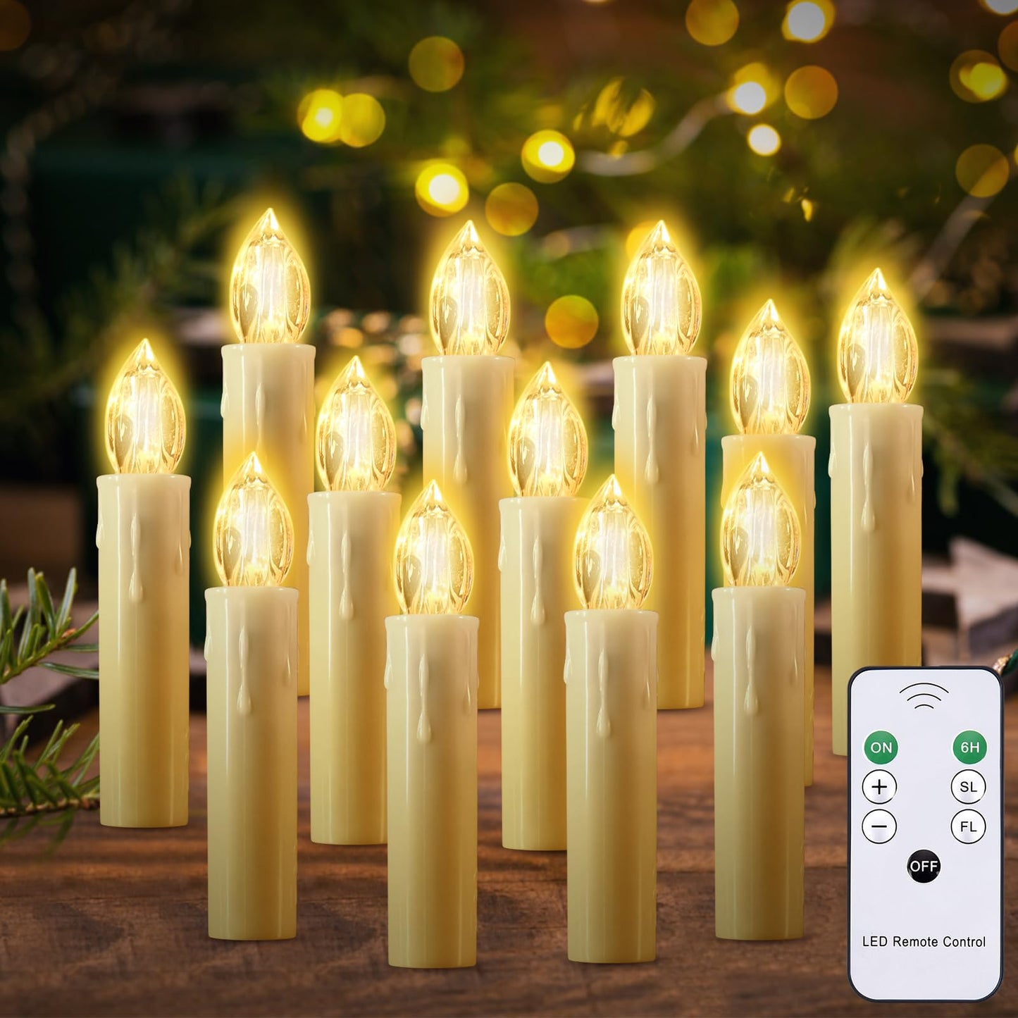 JOSU Flameless Christmas Trees Candles, 12Pcs Led Flickering Lights Battery Operated Candlesticks with Remote Timer/Clips, Warm White Window Taper Candles for Home Wedding Halloween Birthday Decor
