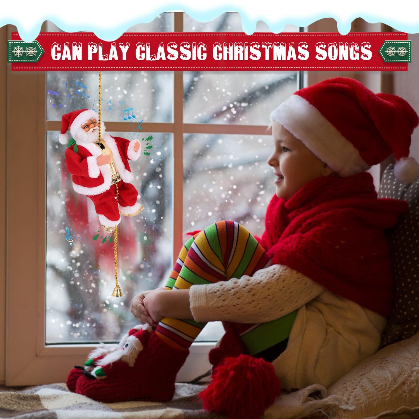 Gfilay Climbing Santa with Music, Christmas Tree Pendant Ornament Novelty Climbing Santa Claus on Rope, Holiday Decoration, Great Gift