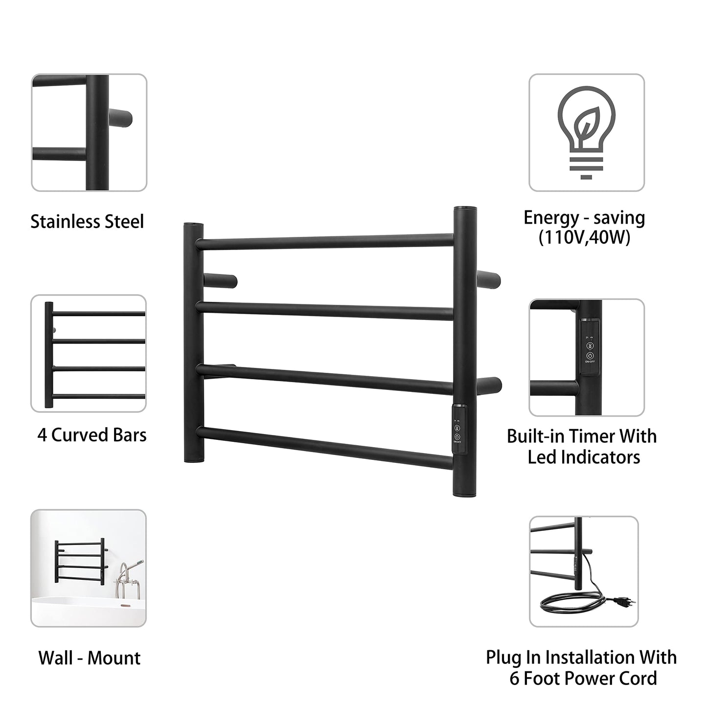KEG Towel Warmer 8 Bars for Bathroom Freestanding or Wall Mounted Bath Towel Heater Plug-in with Built-in Timer Silver