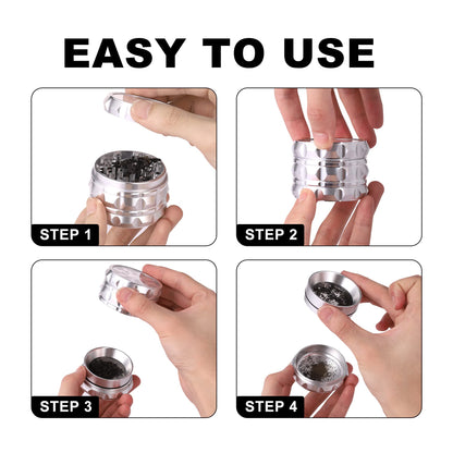 TIRIRS 2.5" 4 Pieces Clear Top Herb Grinder - Aluminium Spice Grinder with Pollen Scraper and Cleaning Brush - Silver.