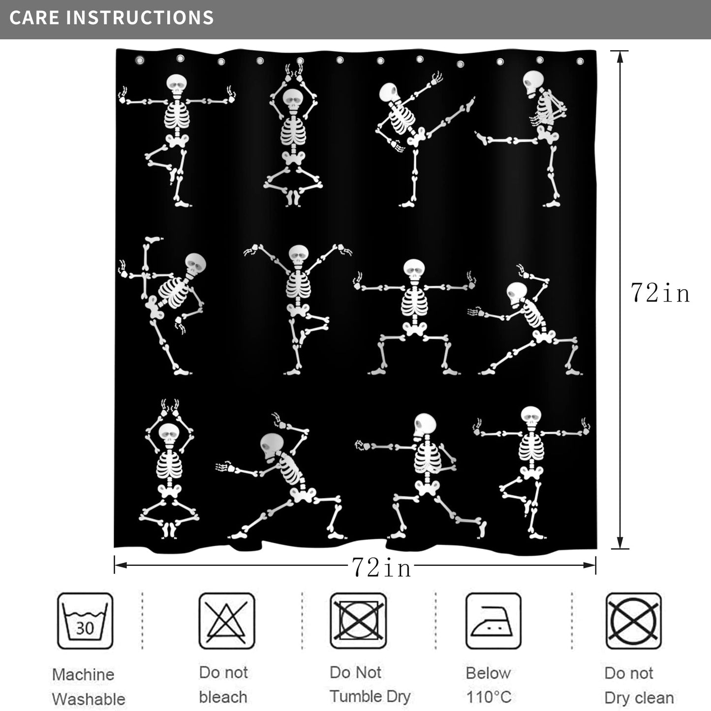 GCIREC Halloween Shower Curtain, Cartoon Funny Skull Skeleton Dancing Bathroom Curtain Halloween Party Retro Bath Curtain Waterproof Fabric Machine Washable with 12 Hooks, 72"X72"