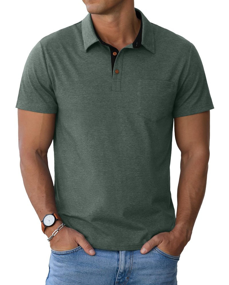 Sailwind Men's Cotton Polo Shirts Short Sleeve Casual Summer Shirts Classic Collared Golf Shirt with Pocket Green