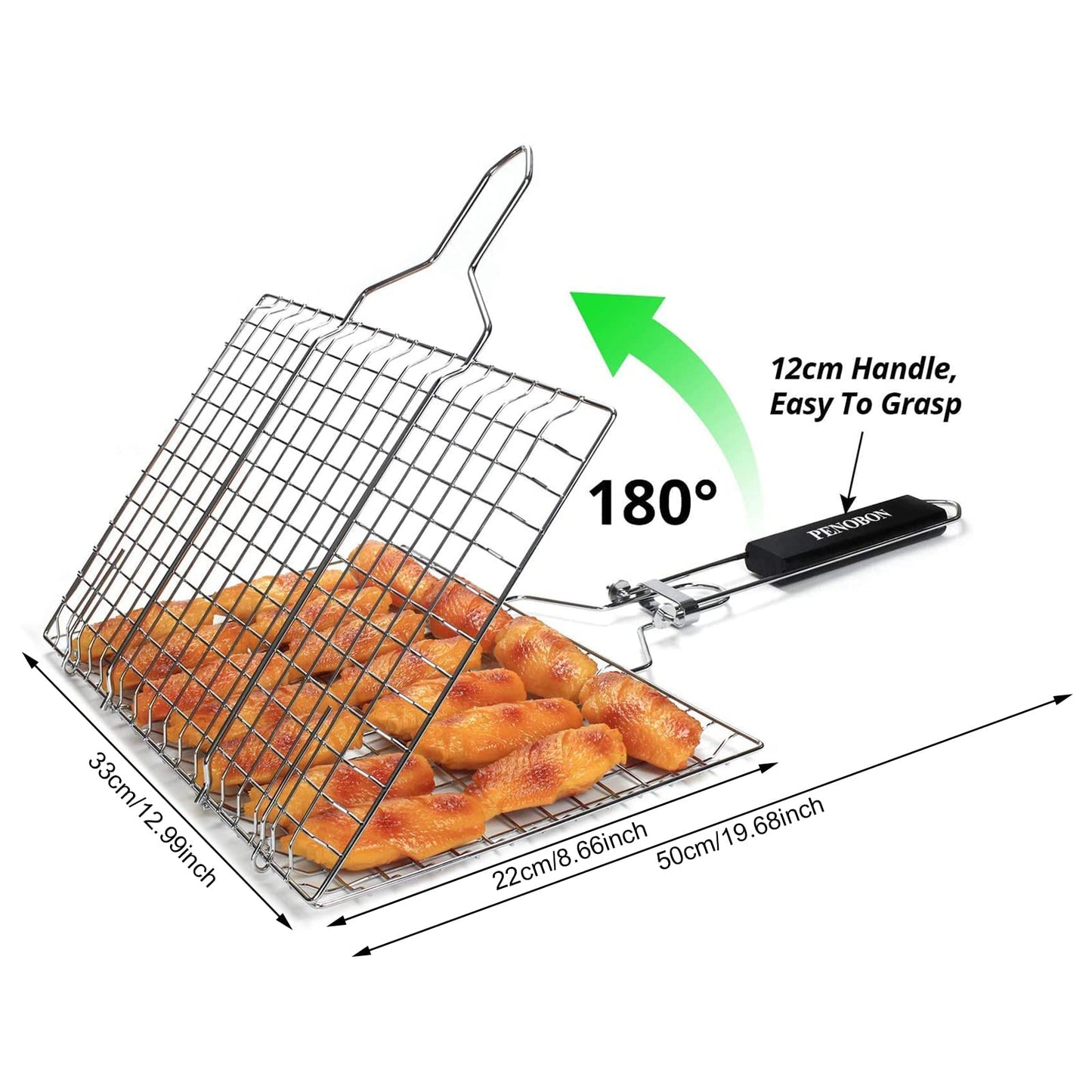 penobon Fish Grilling Basket, Folding Portable Stainless Steel BBQ Grill Basket for Fish Vegetables Shrimp with Removable Handle, Come with Basting Brush and Storage Bag