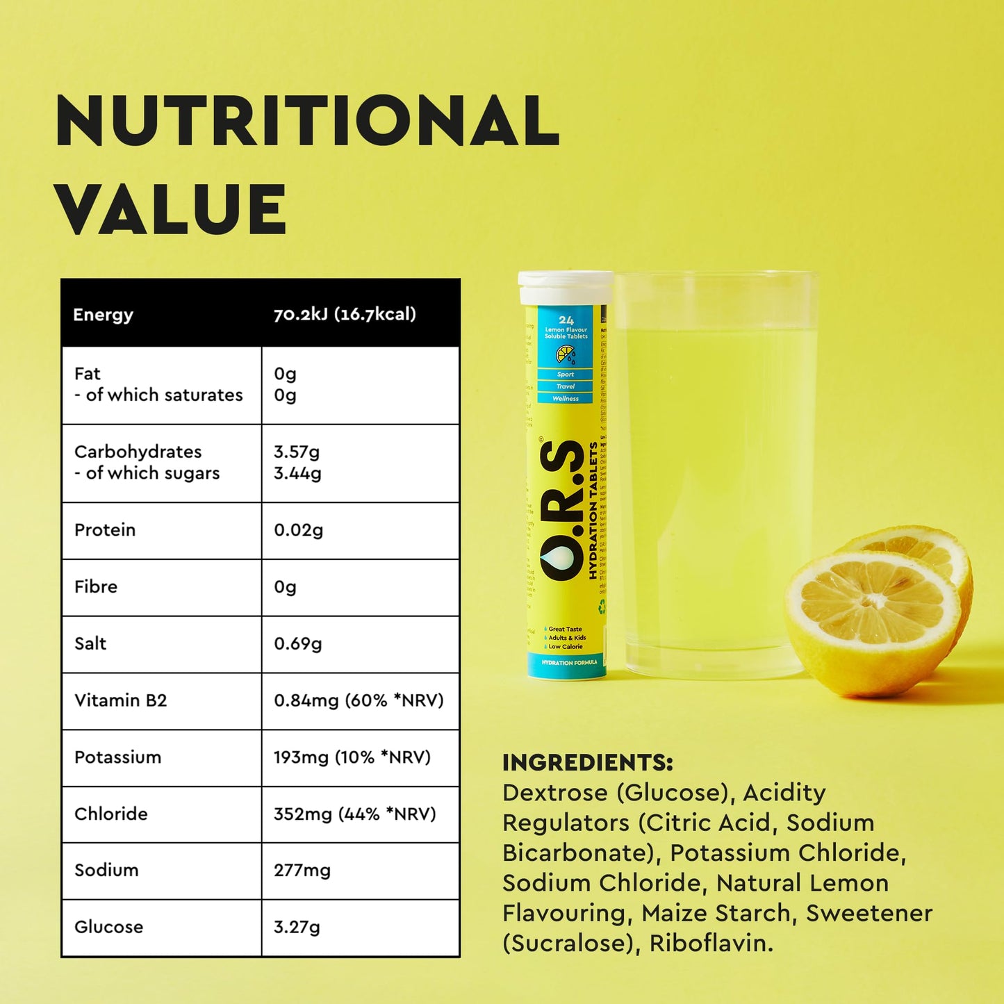 O.R.S Hydration Tablets with Electrolytes, Vegan, Gluten and Lactose Free Formula – Soluble Sports Hydration with Natural Lemon Flavour, 72 Count