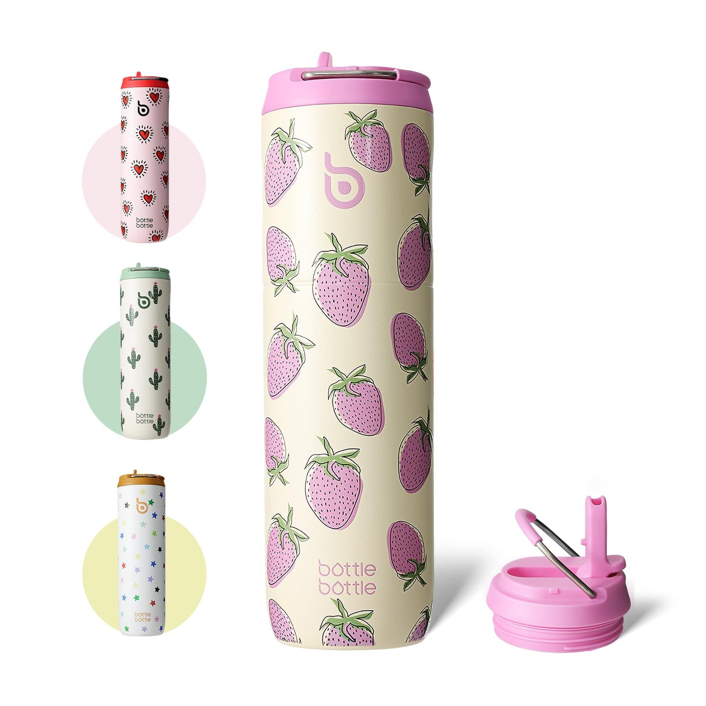 BOTTLE BOTTLE Insulated Water Bottle 24oz with Straw Lid and Handle for Sports Travel Gym Stainless Steel Water Bottles Double-Wall Vacuum Metal Leak Proof BPA-Free (Strawberry)