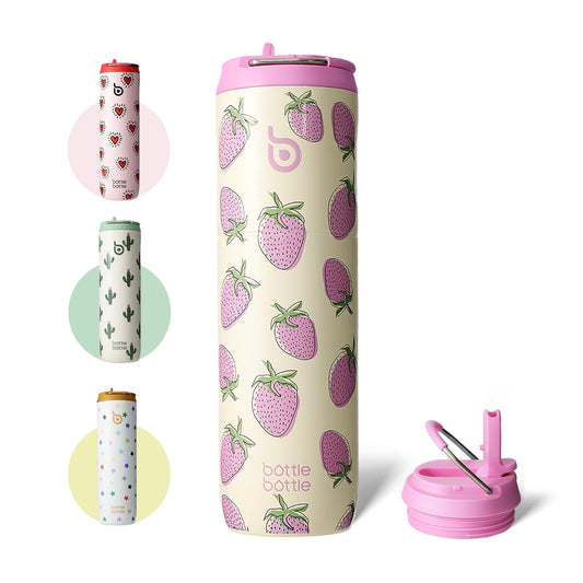 BOTTLE BOTTLE Insulated Water Bottle 24oz with Straw Lid and Handle for Sports Travel Gym Stainless Steel Water Bottles Double-Wall Vacuum Metal Leak Proof BPA-Free (Strawberry)