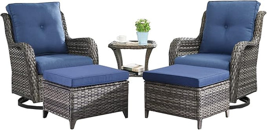 Rilyson Wicker Patio Furniture Set - 5 Piece Rattan Outdoor Sectional Conversation Sets with 2 Swivel Rocking Chairs,2 Ottomans and 1 Side Table for Porch Deck Garden(Mixed Grey/Blue)