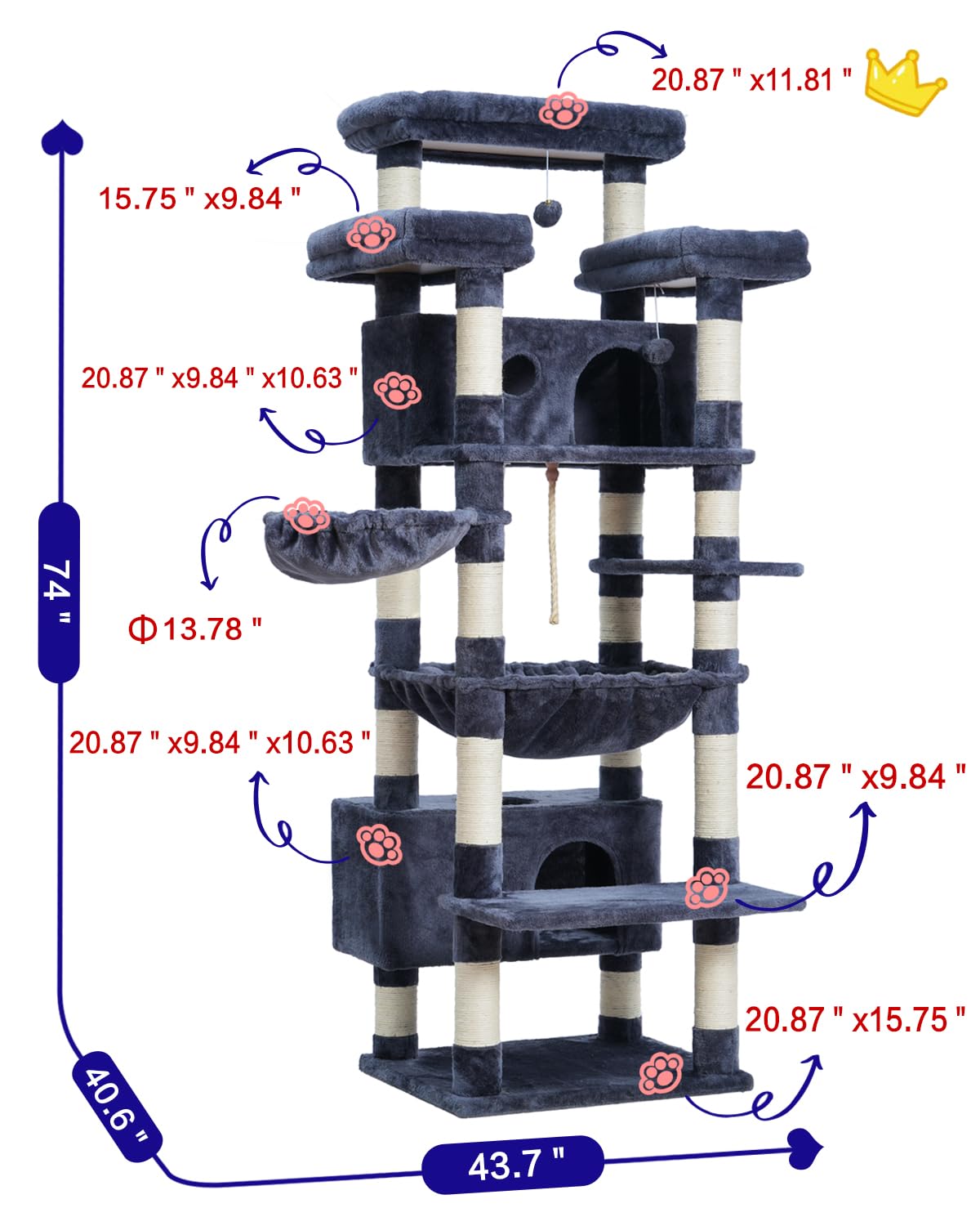 Gitelsnour Cat Tree for Indoor Cats Large Adult, 74" Cat Tower with 3 Big Platforms, 2 Baskets, 2 Condos, Multi-Level Cat Scratching Posts, Smoky Gray GCT030G
