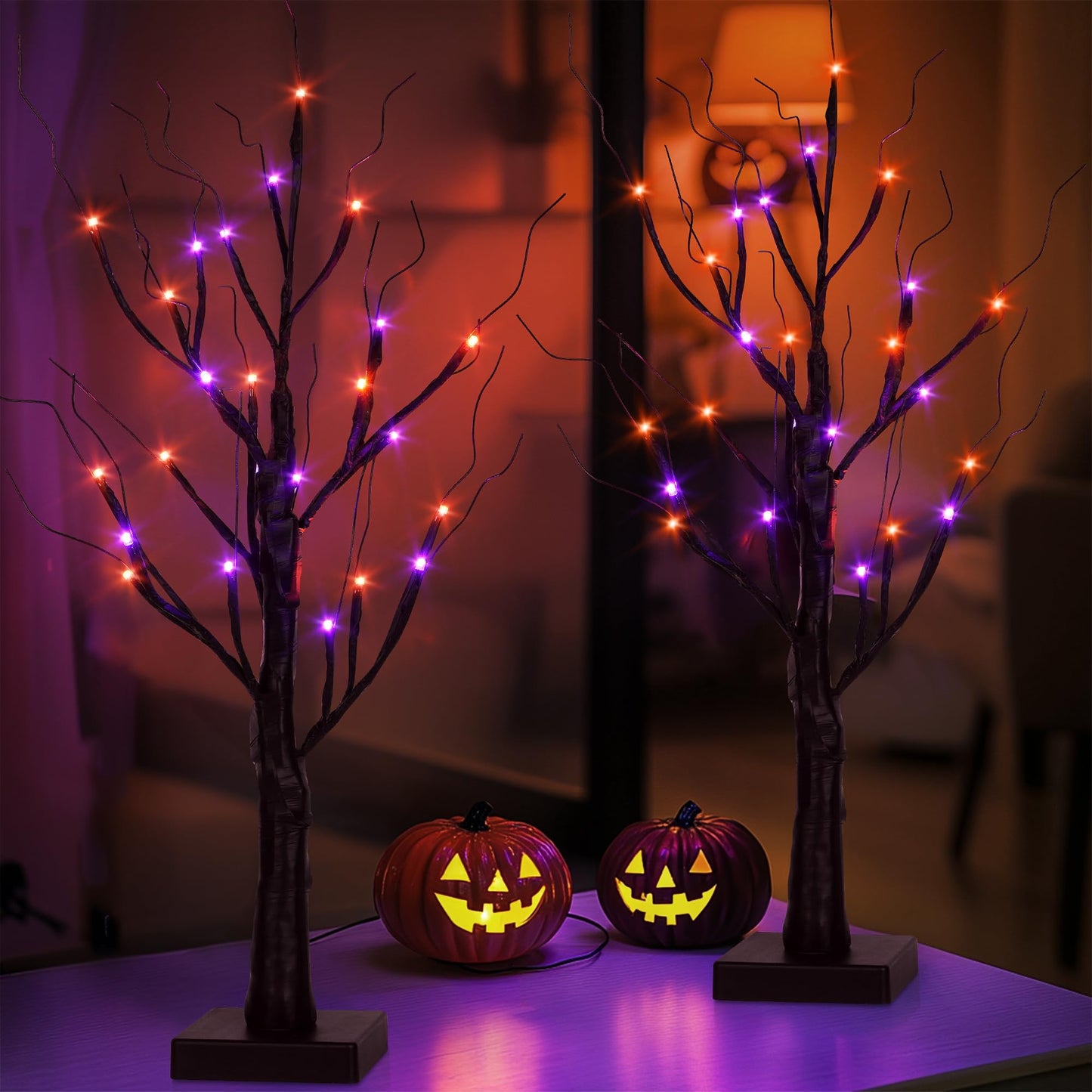 encavy Halloween Decorations Indoor,2 Pack 2FT Birch Tree with 24 Orange and Purple LED Lights,Black Spooky Halloween Tree for Holiday Party,Tabletop Decor for Home,Office,Christmas,Fireplace,Mantle