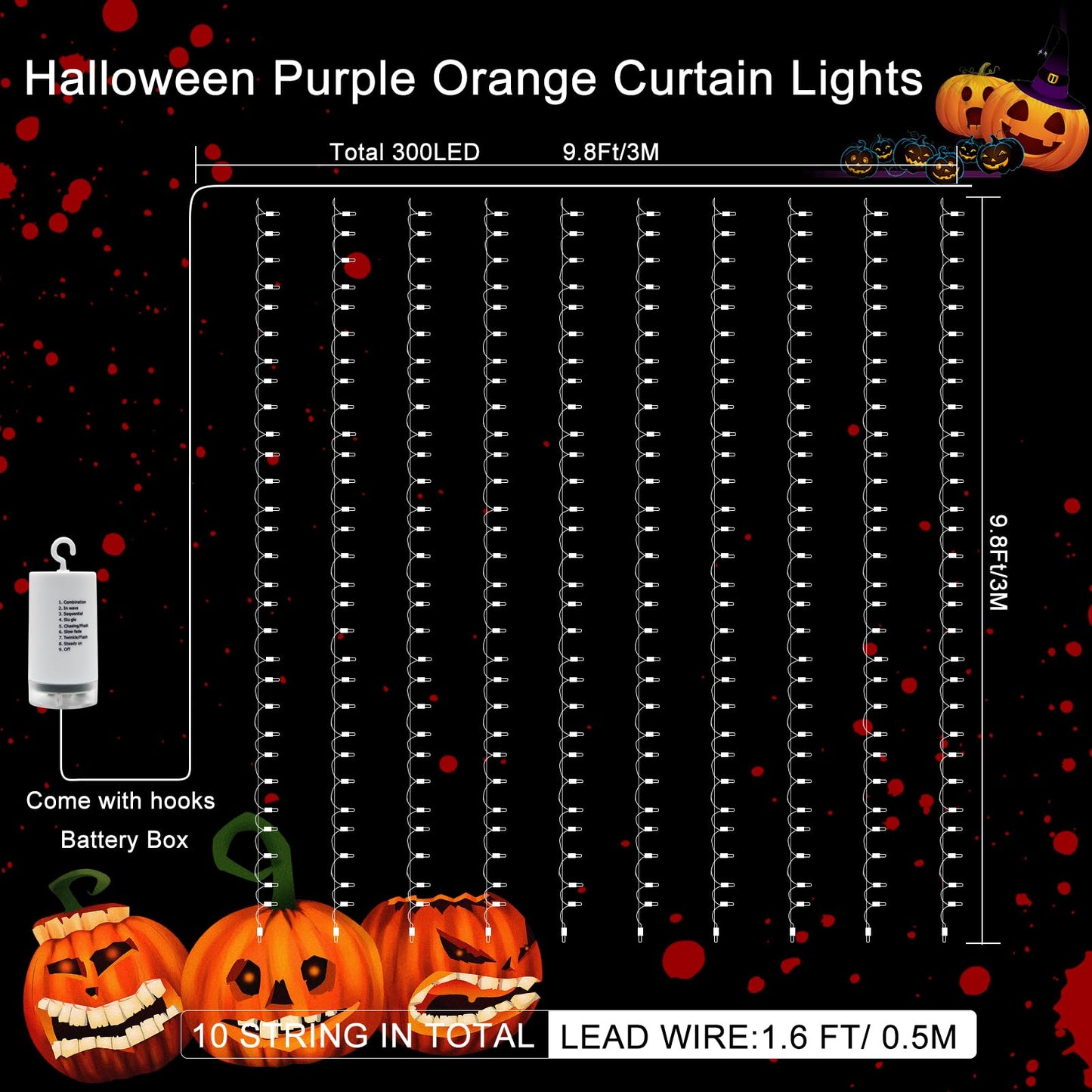 echosari Halloween Curtain Lights Battery Operated, 300 LED Purple Orange Fairy Curtain Lights 9.8Ft x 9.8Ft Hanging Lights with Remote Timer for Party Garden Yard Decor