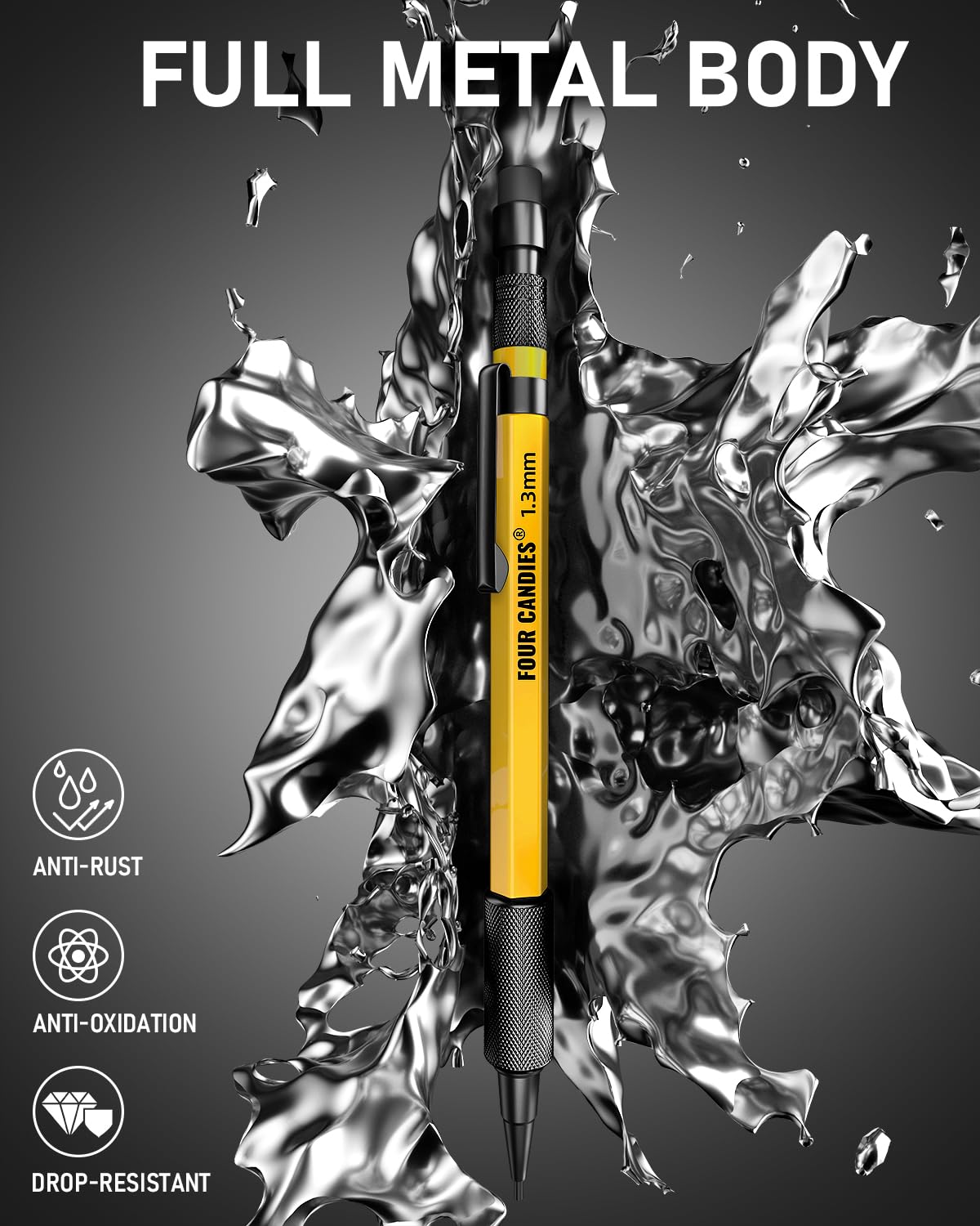 Four Candies 3PCS 1.3mm Mechanical Pencil Set with Case, Metal Heavy Duty Carpenter Pencils with 72 Refill(Red,Black,Yellow) 3Eraser, 16Eraser Refill, Weatherproof Body Outdoor Woodworking Marking