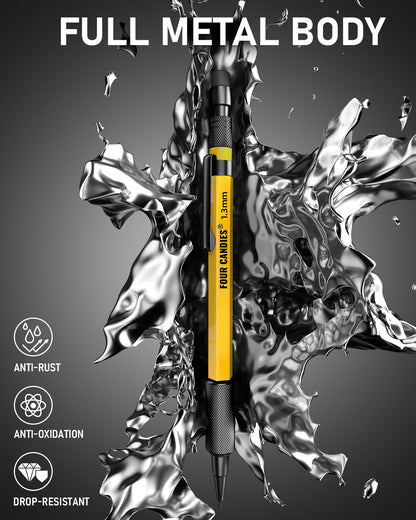 Four Candies 3PCS 1.3mm Mechanical Pencil Set with Case, Metal Heavy Duty Carpenter Pencils with 72 Refill(Red,Black,Yellow) 3Eraser, 16Eraser Refill, Weatherproof Body Outdoor Woodworking Marking